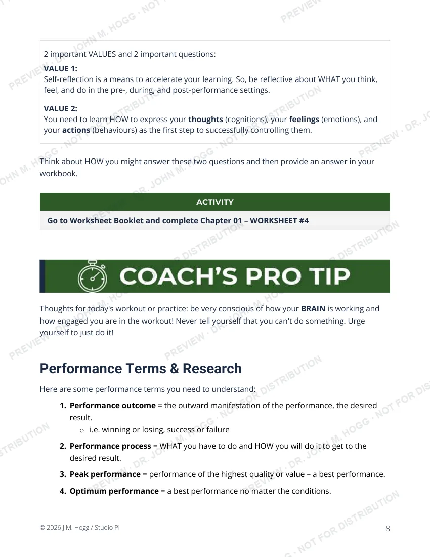 Sample page: Coach's Pro Tip · performance terms and research